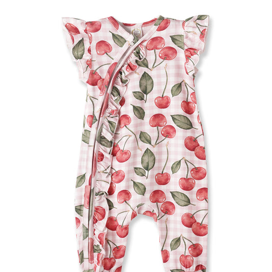 Cherry Picnic Baby Girl Romper – Soft Bamboo Zipper Pajamas