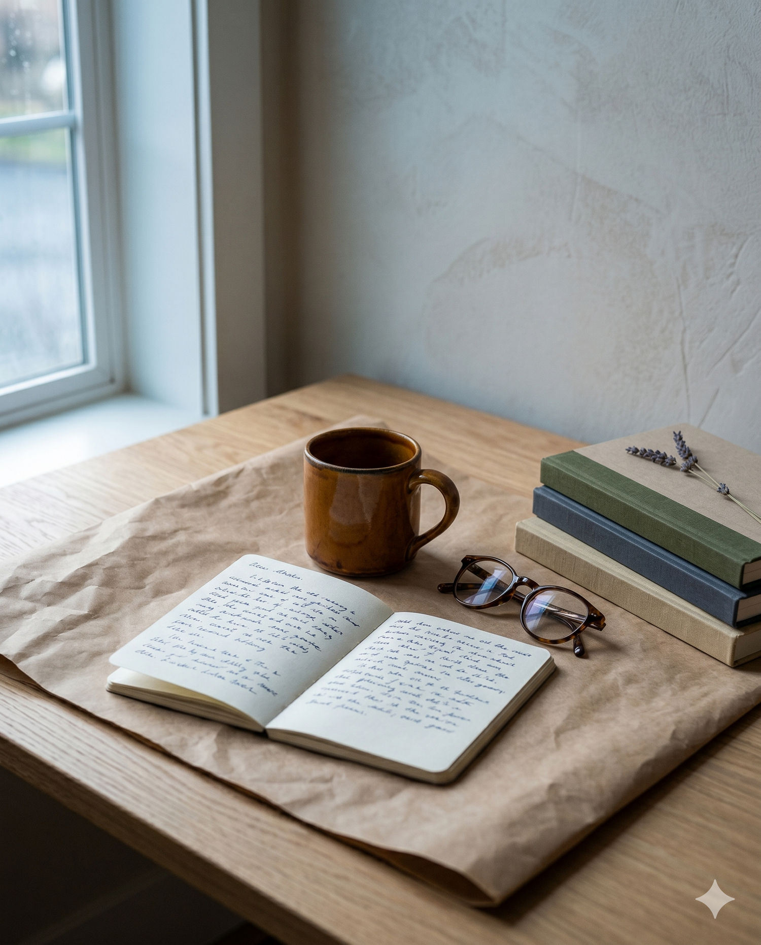 An open handwritten journal, ceramic mug, reading glasses, and a stack of books on a wood desk by a window