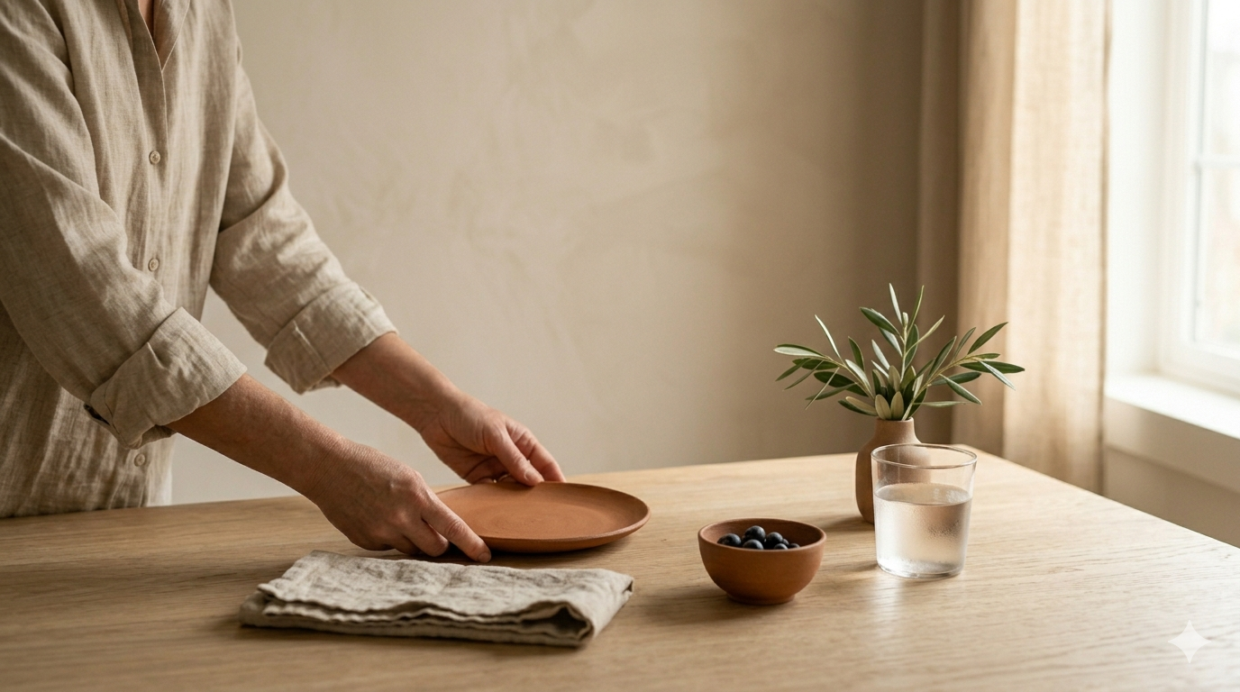 Hands placing a clay plate on a counter beside a folded linen napkin, water glass, and olive branches