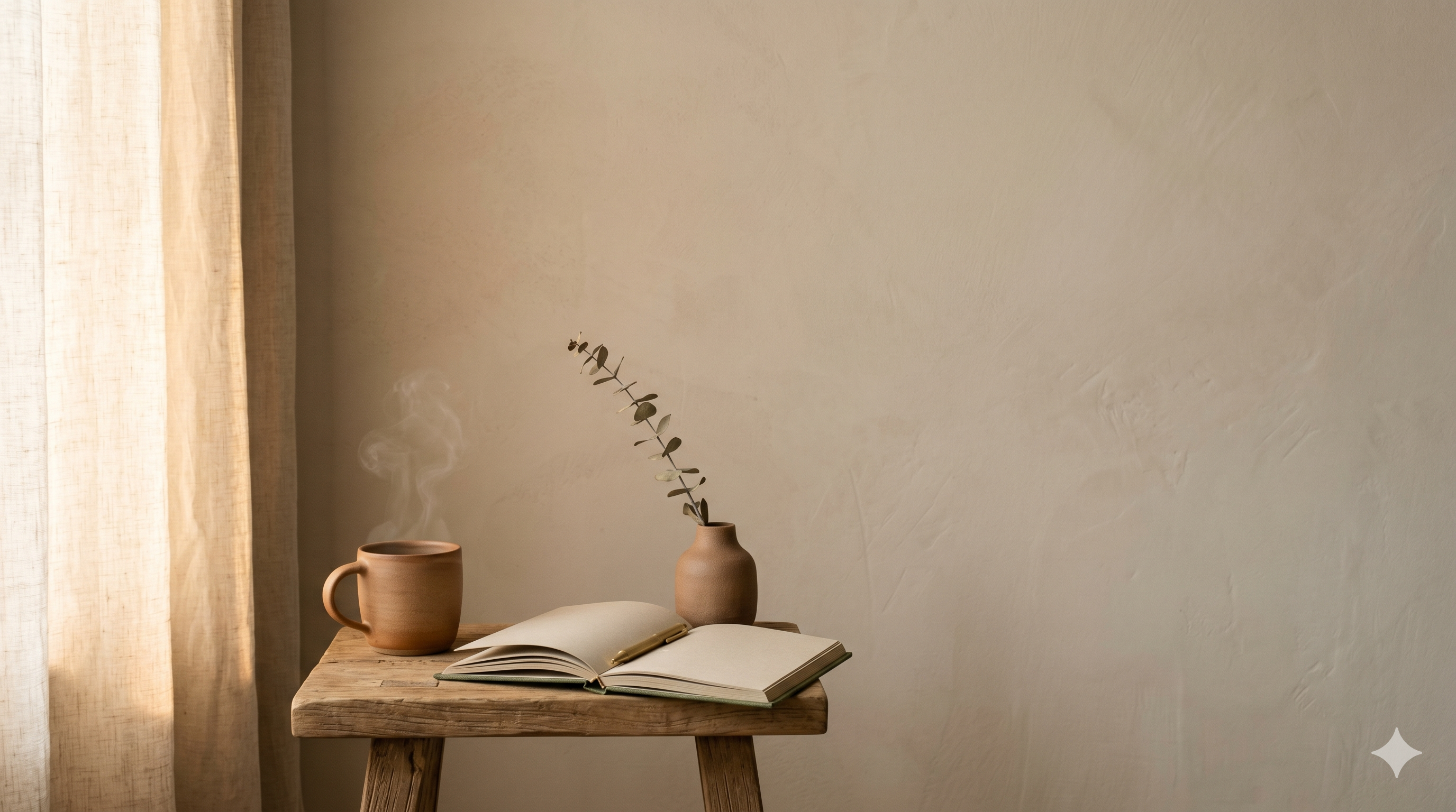 A clay mug with steam, an open journal with a brass pen, and a eucalyptus stem on a wooden side table beside a linen curtain