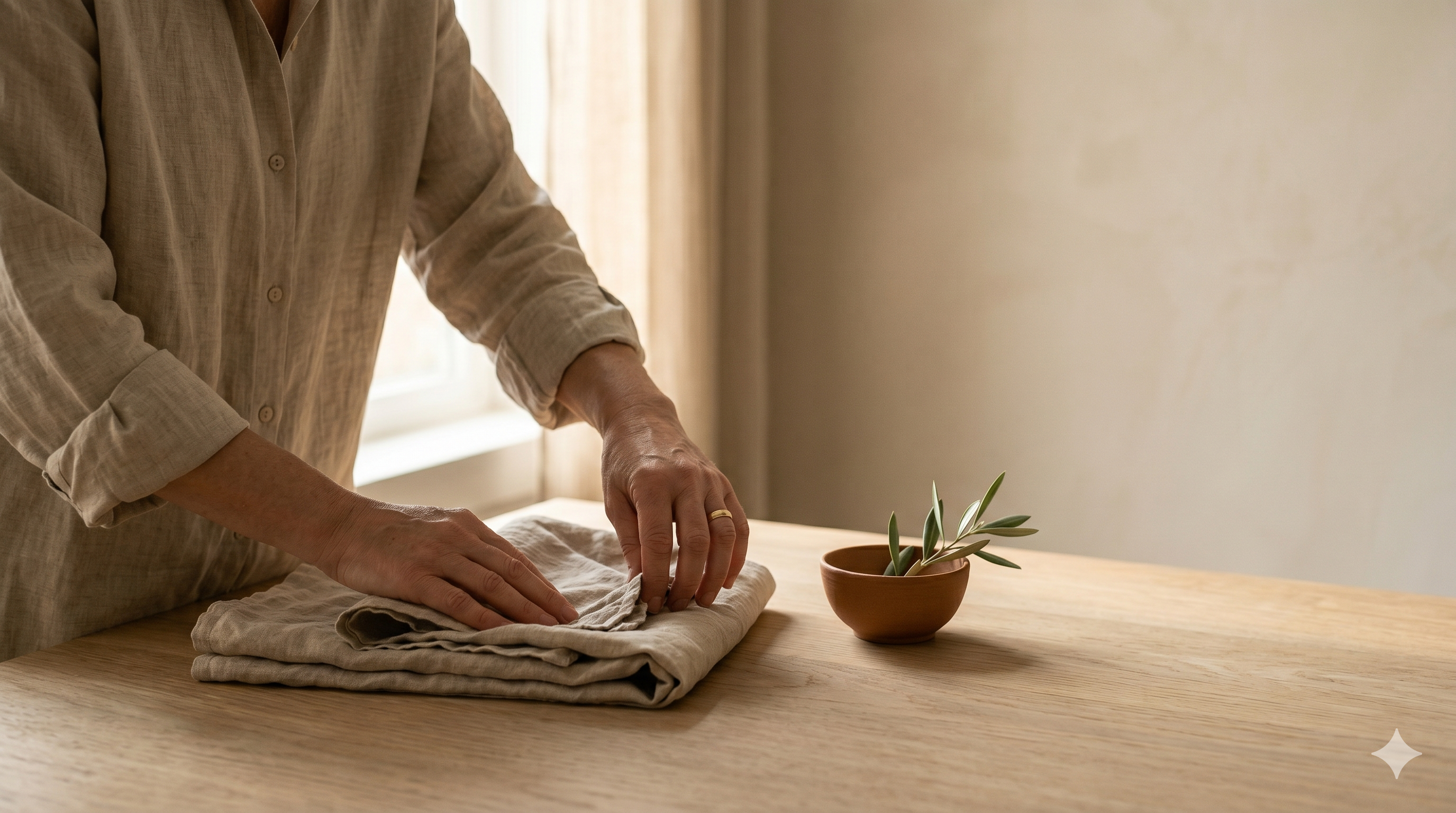Hands smoothing a folded linen swaddle on a pale oak table, with a clay bowl of olive branches