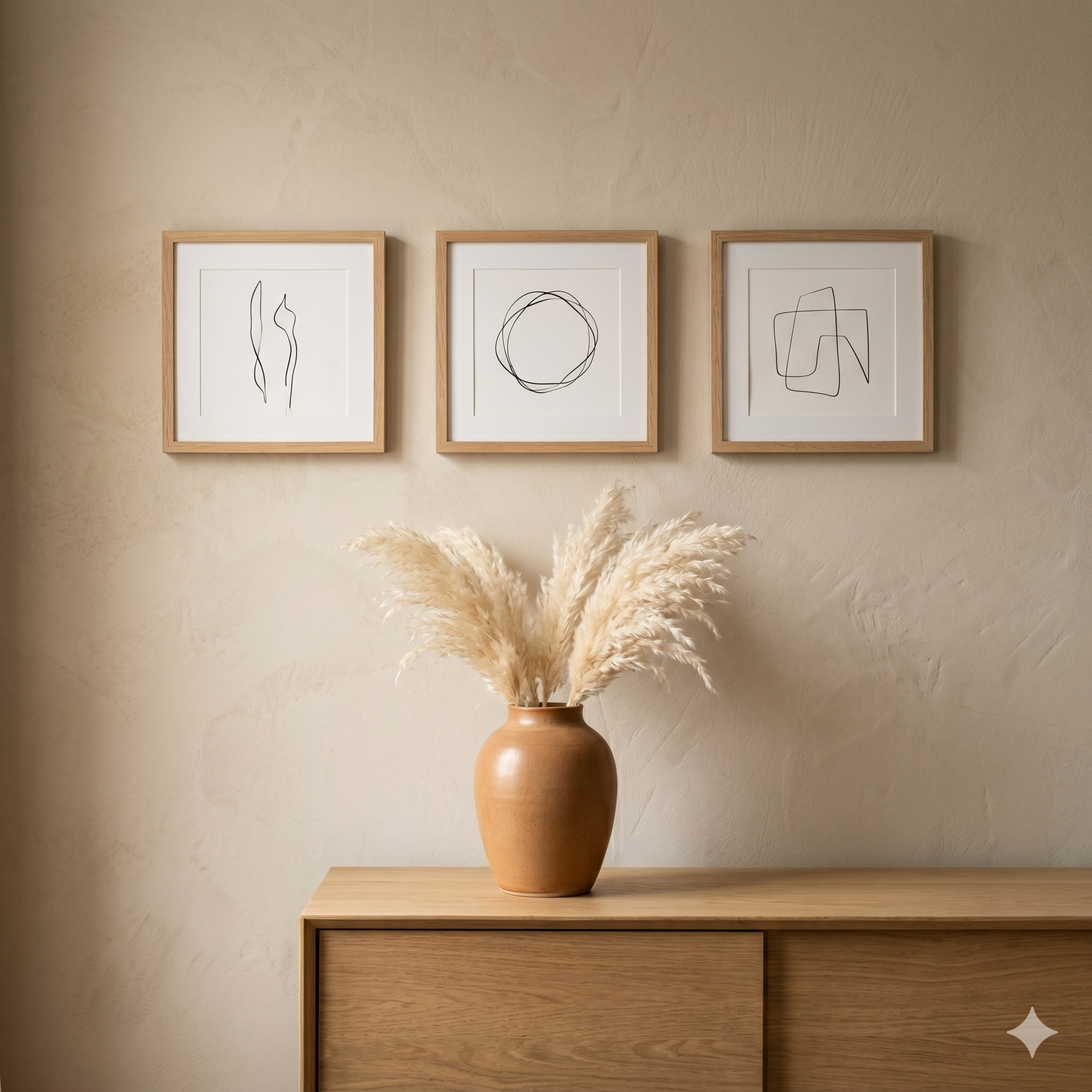 Three minimalist line-art prints in oak frames above a wooden credenza with pampas grass in a clay vase