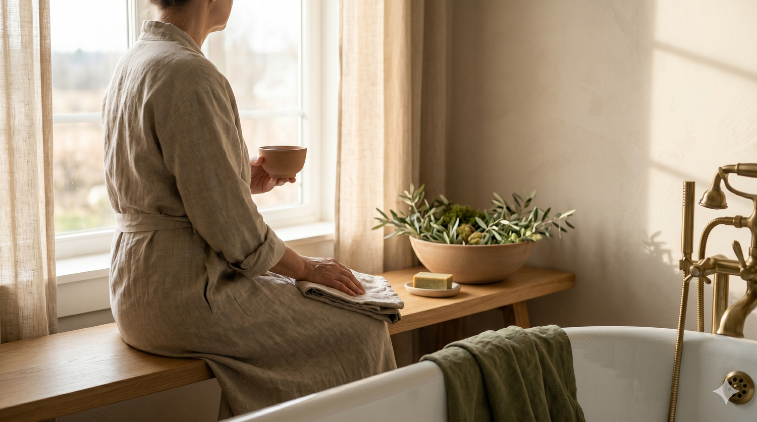 A woman in a linen robe sitting by a sunlit window with a clay mug of morning tea, beside olive branches and bath goods