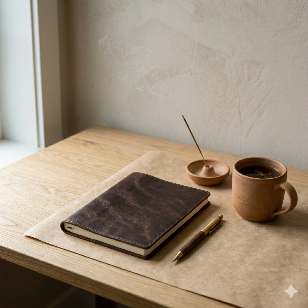 A leather journal, brass pen, ceramic mug of tea, and a clay incense holder on a pale oak desk