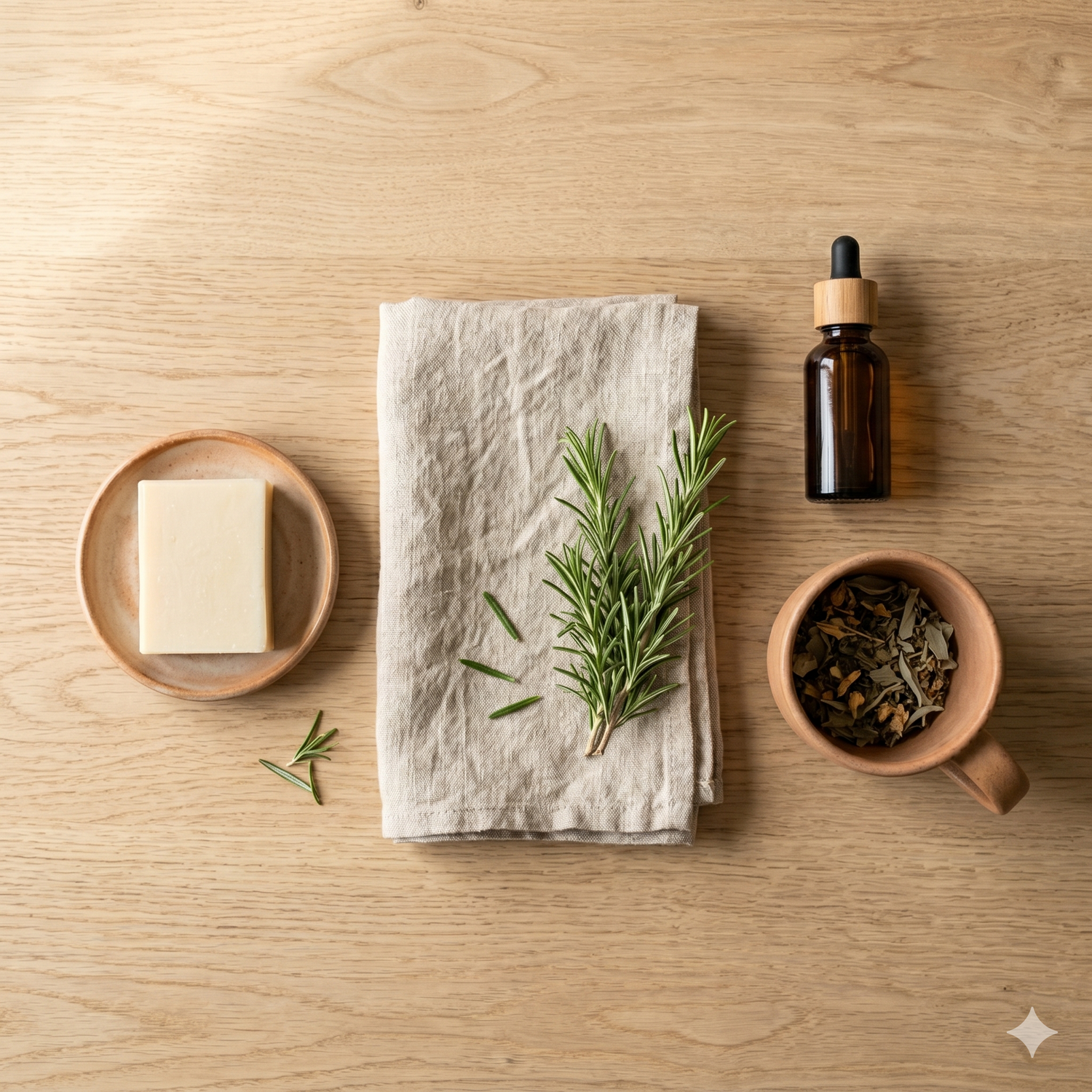 A stack of folded oat, clay, and sage muslin baby blankets with a wooden teether ring on a pale oak table