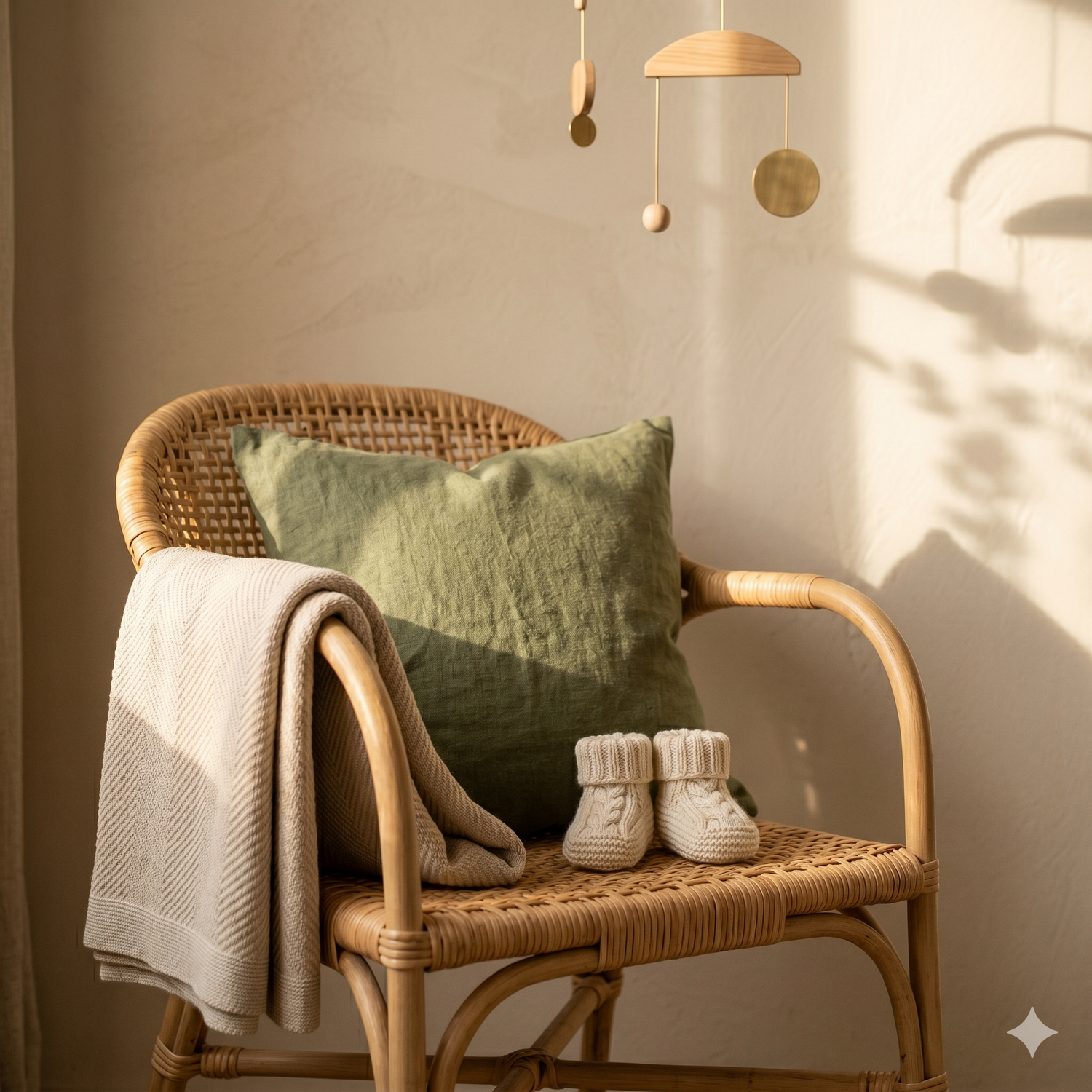 A rattan nursery chair with green linen pillow, soft knit blanket, baby booties, and a wooden brass mobile